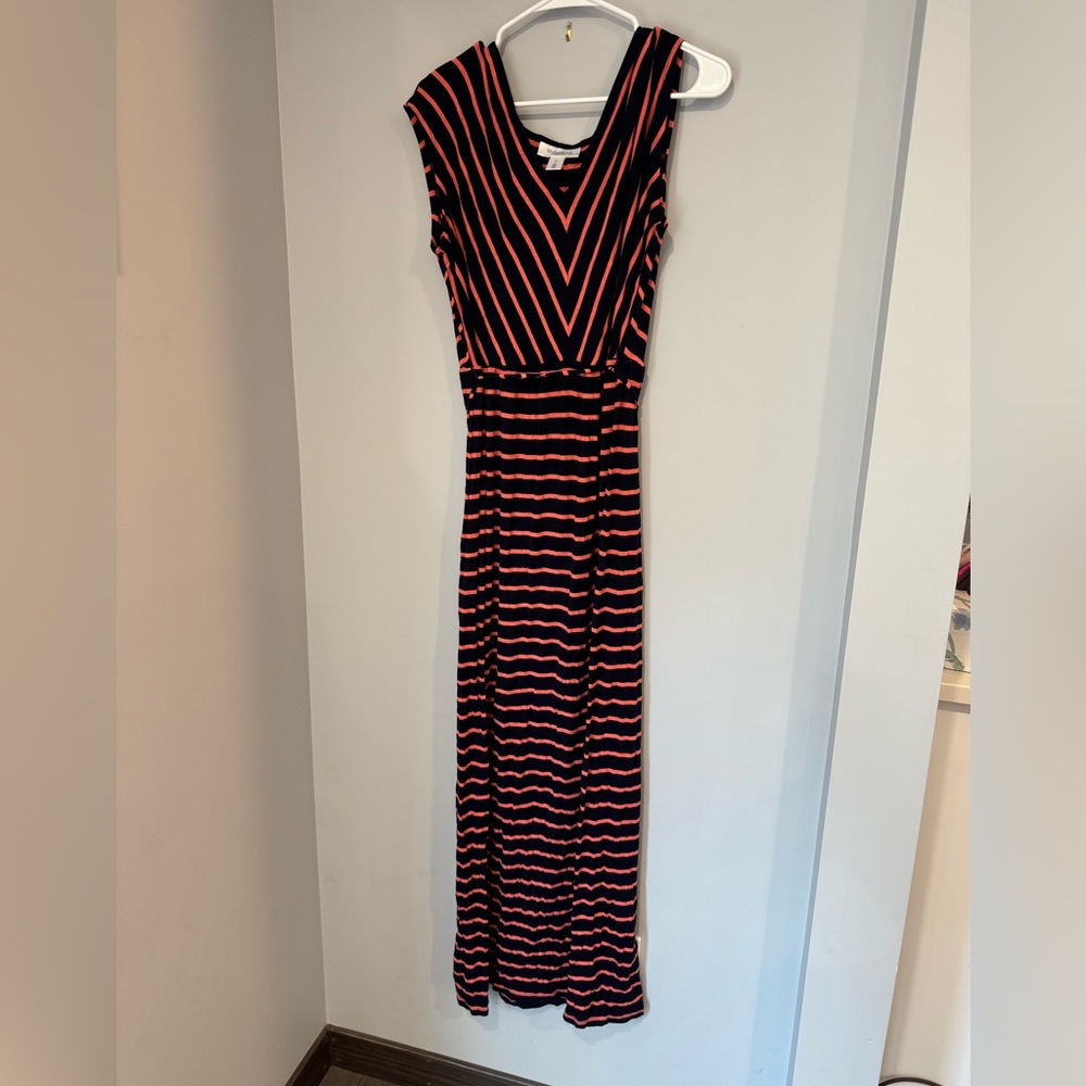 Navy Blue and Pink/Orange Striped Maxi Dress